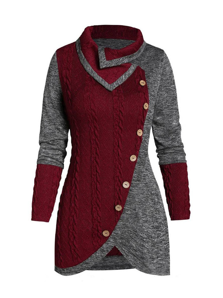 Levoire | Pull Irrégulier Bloc De Couleur Bouton À Manches Longues Dames Élégant Décontracté Mode Casual Bordeaux