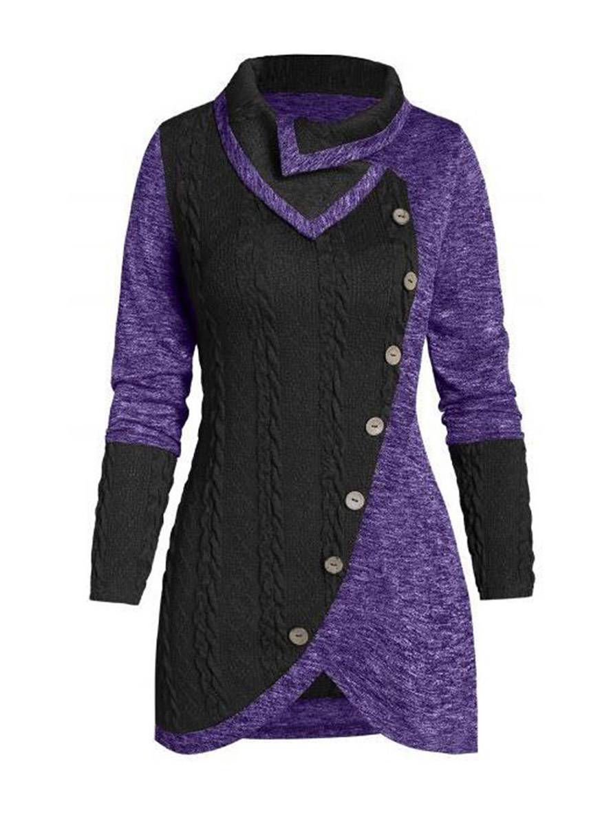 Levoire | Pull Irrégulier Bloc De Couleur Bouton À Manches Longues Dames Élégant Décontracté Mode Casual Violet