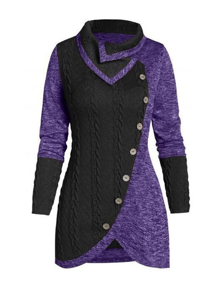 Levoire | Pull Irrégulier Bloc De Couleur Bouton À Manches Longues Dames Élégant Décontracté Mode Casual Violet