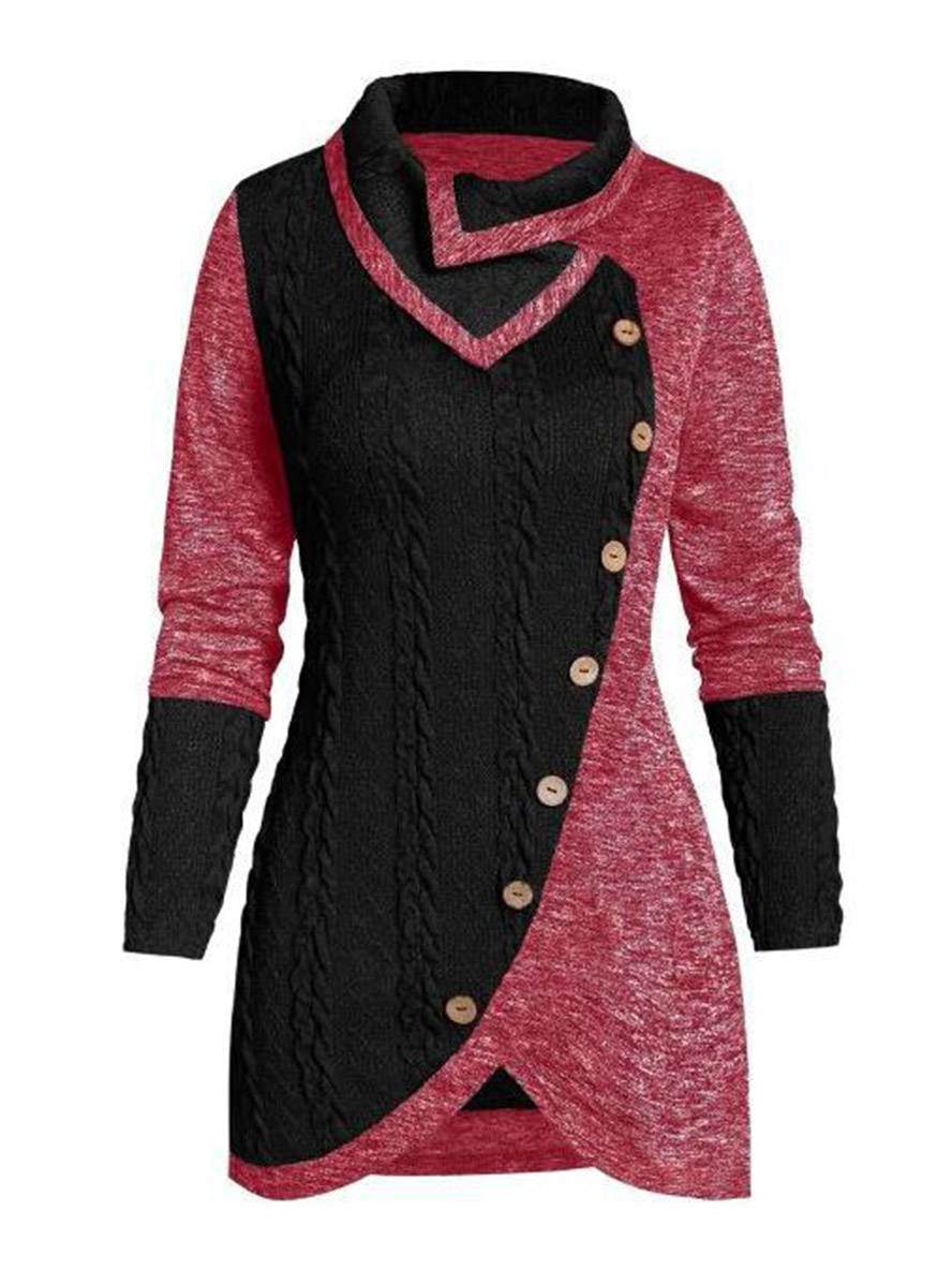 Levoire | Pull Irrégulier Bloc De Couleur Bouton À Manches Longues Dames Élégant Décontracté Mode Casual Rosa