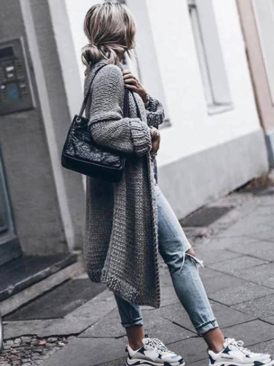 Levoire | Cardigan Long En Tricot Épais Uni À Manches Longues Pour Femmes Oversize Gris