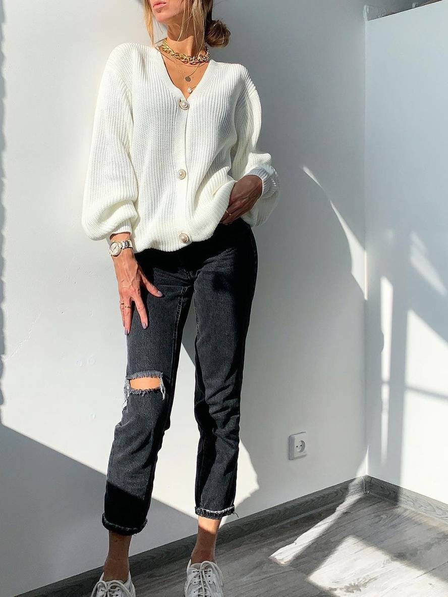 Levoire | Cardigans Unis V-Coupe Bouton Perle Poche Manches Évêque Femme Décontracté Large Oversized Pull