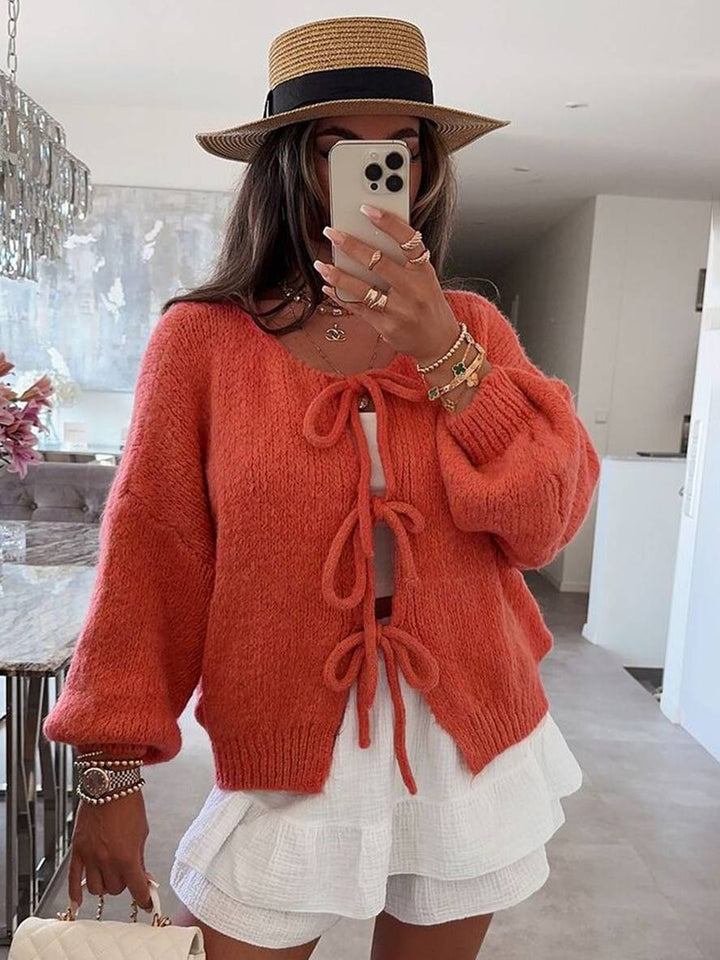 Levoire | Cardigan En Maille Épaisse Unie Avec Nœud, Col Rond, Épaules Tombantes, Élégant, Décontracté, Pull Ample Brique