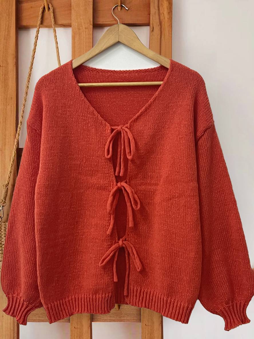 Levoire | Cardigan En Maille Épaisse Unie Avec Nœud, Col Rond, Épaules Tombantes, Élégant, Décontracté, Pull Ample