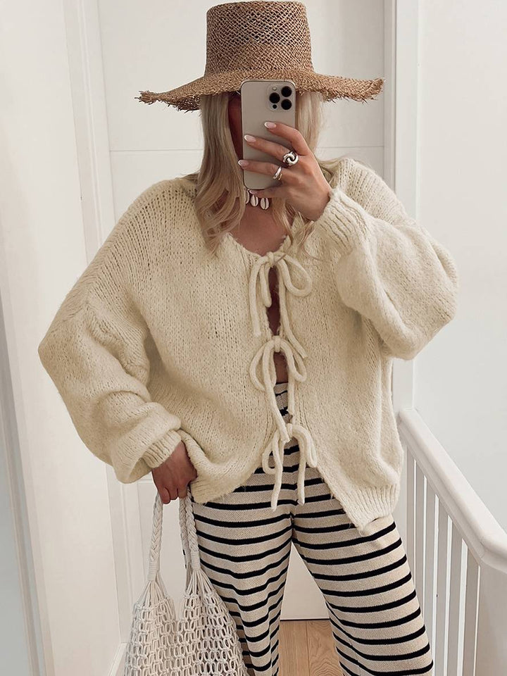 Levoire | Cardigan En Maille Épaisse Unie Avec Nœud, Col Rond, Épaules Tombantes, Élégant, Décontracté, Pull Ample Abricot
