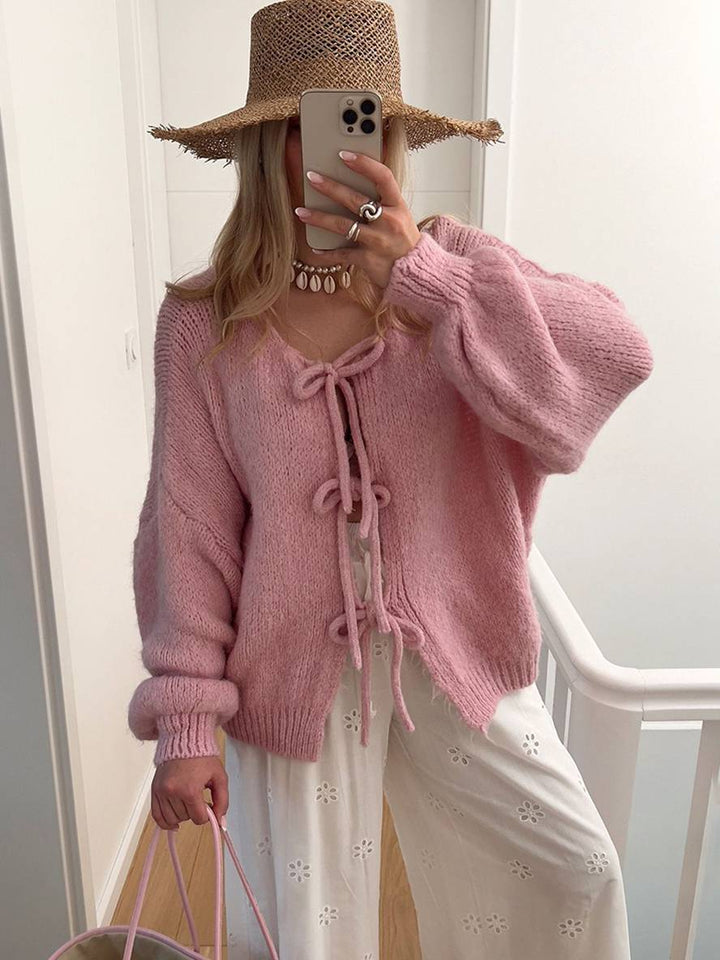 Levoire | Cardigan En Maille Épaisse Unie Avec Nœud, Col Rond, Épaules Tombantes, Élégant, Décontracté, Pull Ample Rose