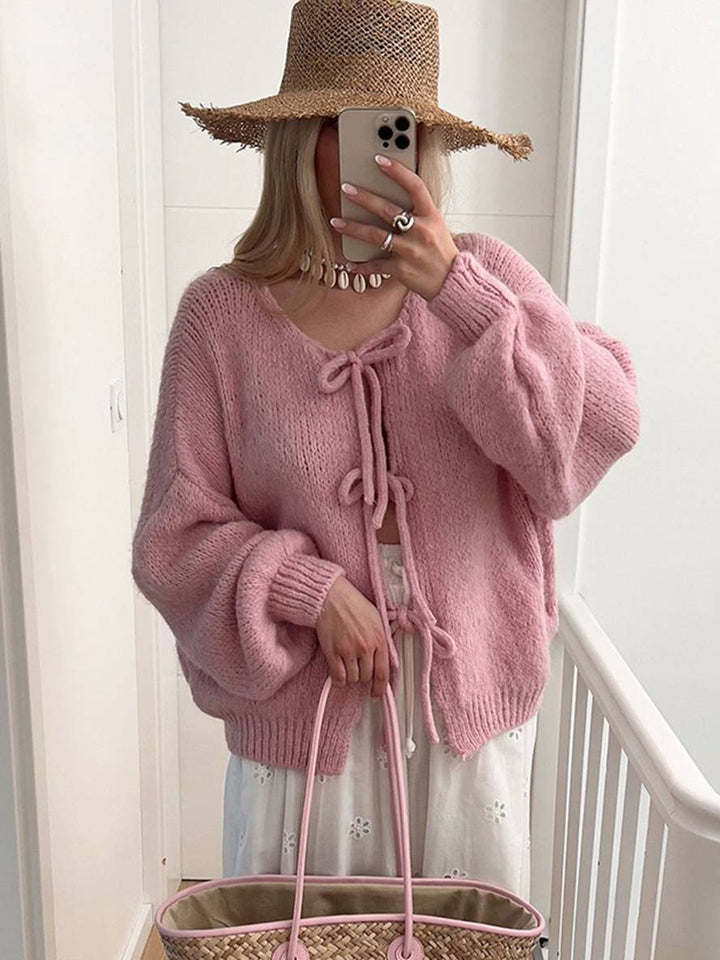 Levoire | Cardigan En Maille Épaisse Unie Avec Nœud, Col Rond, Épaules Tombantes, Élégant, Décontracté, Pull Ample