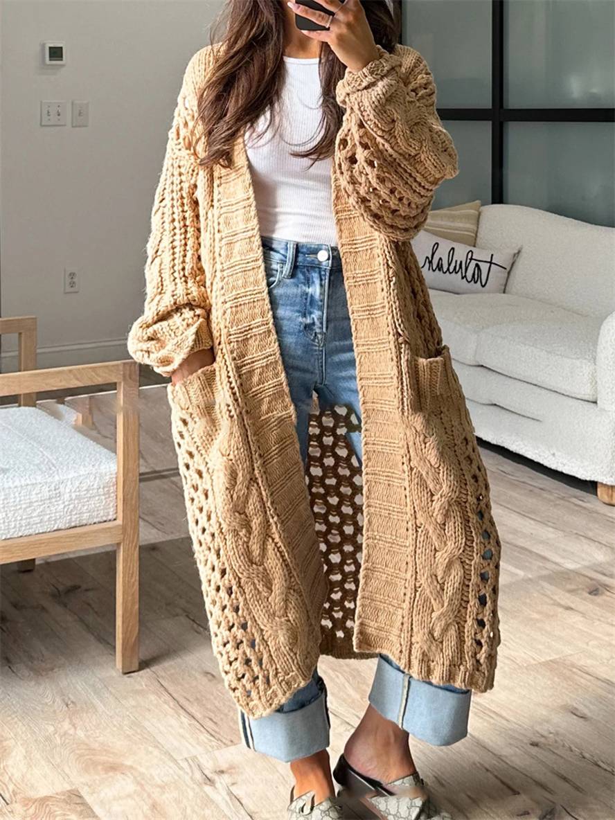 Levoire | Cardigan En Tricot Épais À Décolleté En V Poches Manches Longues Femme Décontracté Large Oversize Pull Casual Khaki