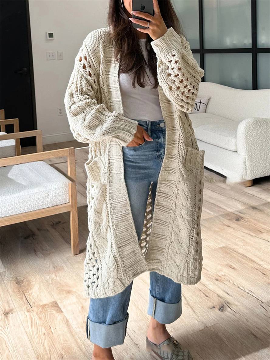 Levoire | Cardigan En Tricot Épais À Décolleté En V Poches Manches Longues Femme Décontracté Large Oversize Pull Casual Abricot