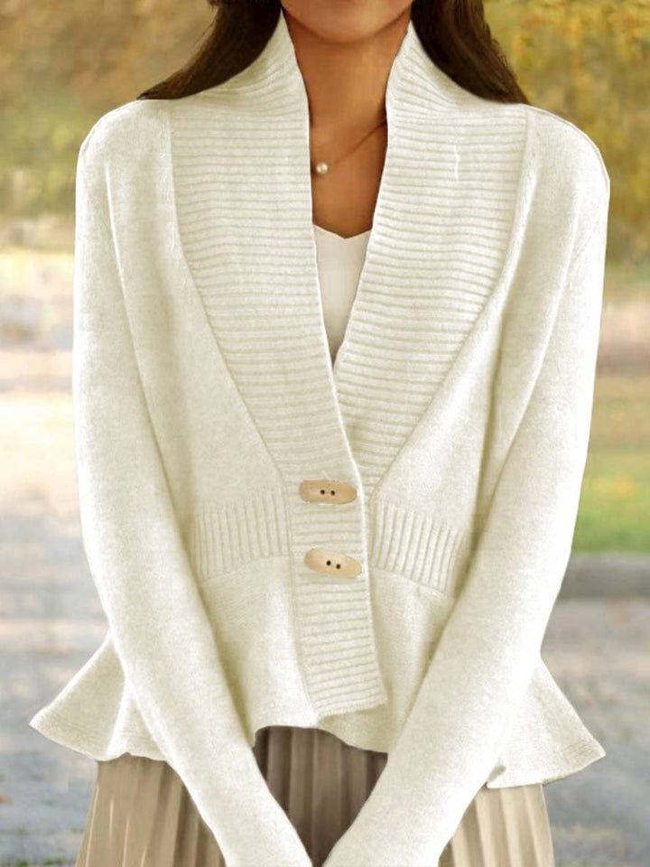 Levoire | Cardigans Pull Uni Couleur V-Découpe Peplum Avec Volants Manches Longues Femmes Élégant Décontracté Mode Casual Blanc UNE TAILLE