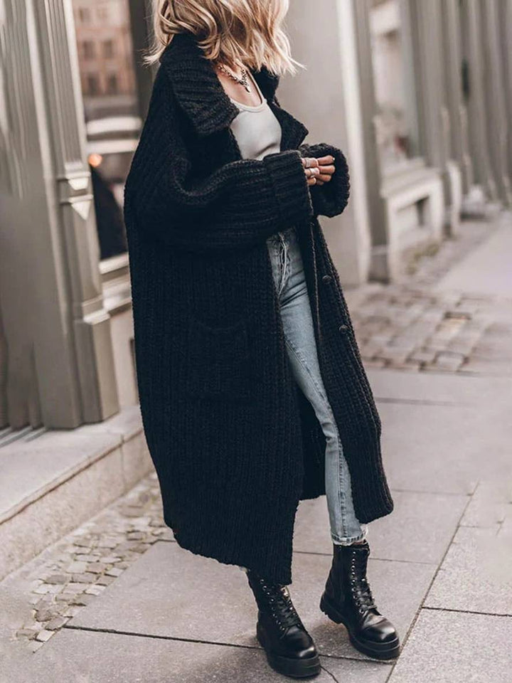 Levoire | Pull-Over Cardigans Unicolor Bouton Poches Col Revers Manches Longues Femmes Décontracté Ample Taille Oversized Veste Noir