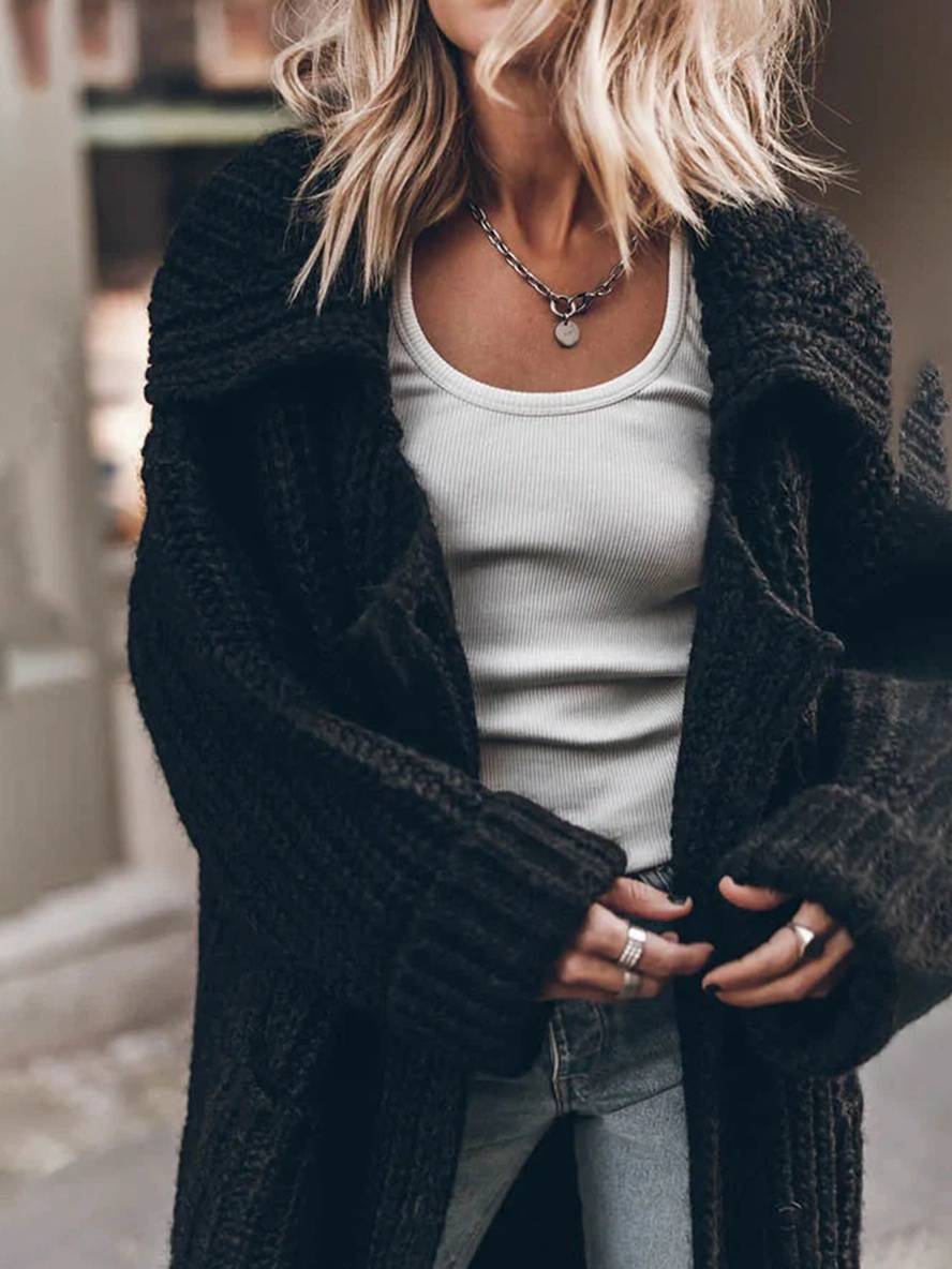 Levoire | Pull-Over Cardigans Unicolor Bouton Poches Col Revers Manches Longues Femmes Décontracté Ample Taille Oversized Veste