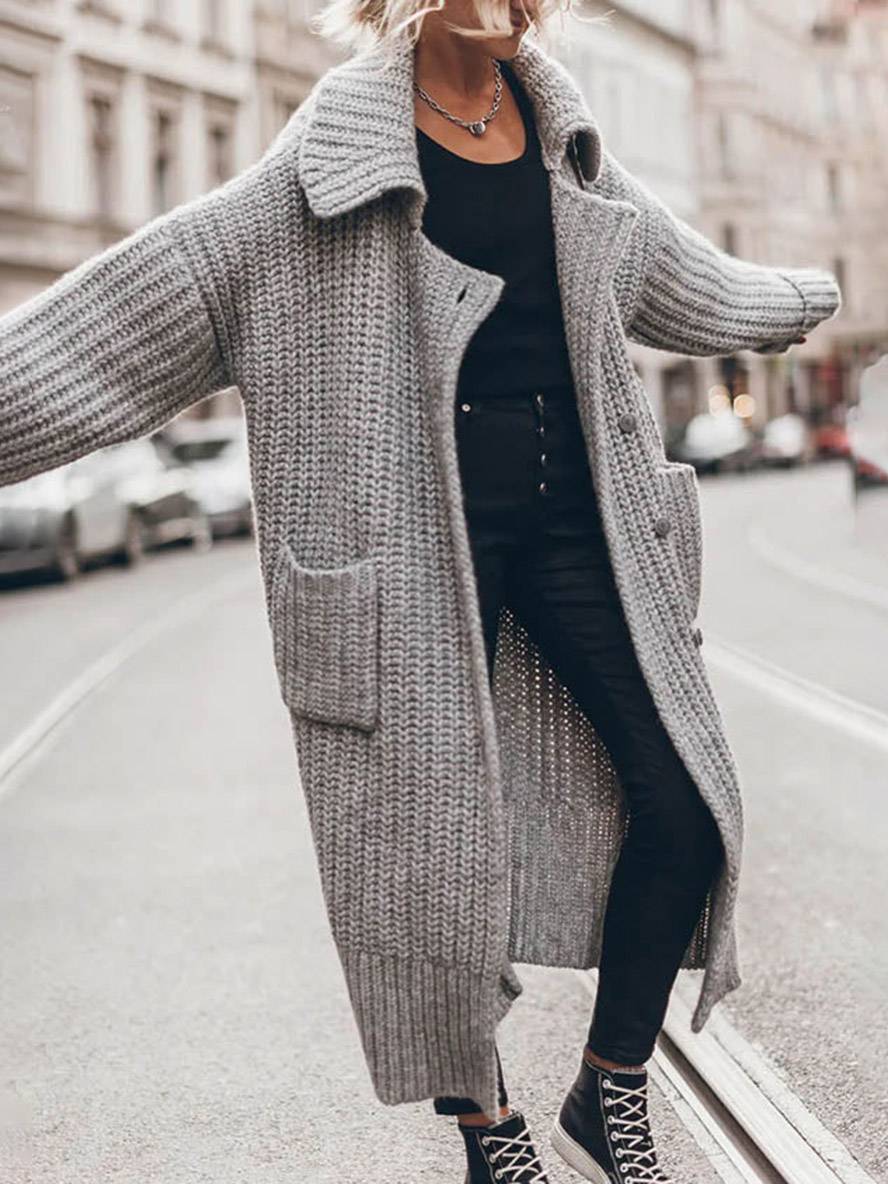 Levoire | Pull-Over Cardigans Unicolor Bouton Poches Col Revers Manches Longues Femmes Décontracté Ample Taille Oversized Veste