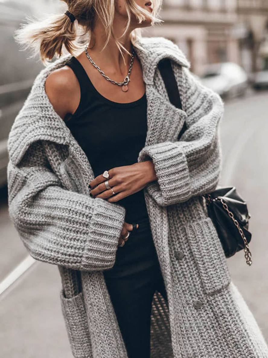 Levoire | Pull-Over Cardigans Unicolor Bouton Poches Col Revers Manches Longues Femmes Décontracté Ample Taille Oversized Veste
