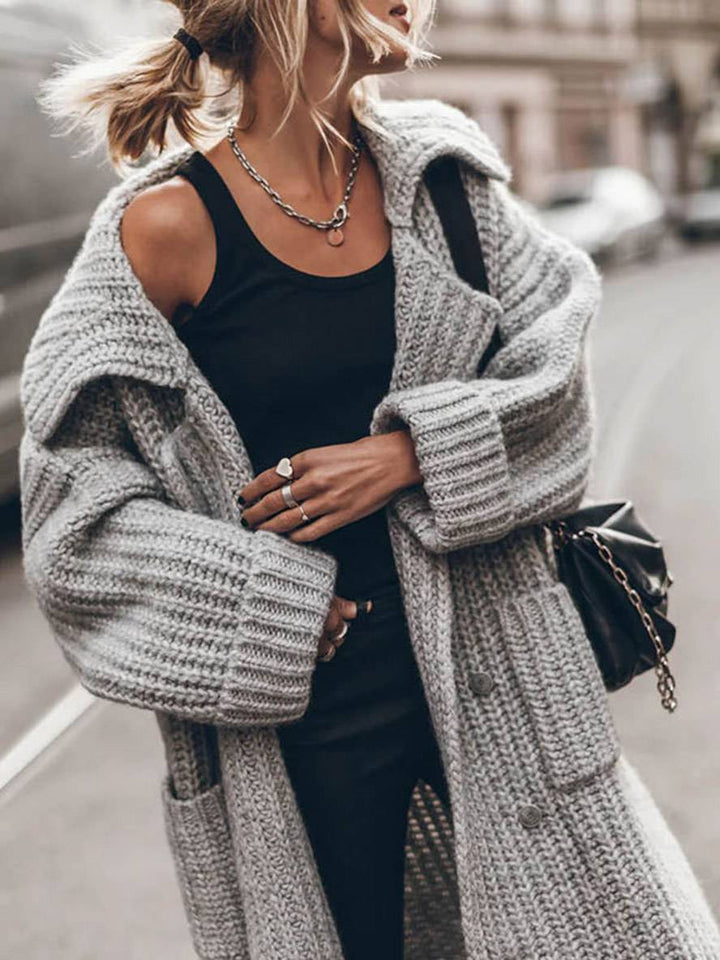 Levoire | Pull-Over Cardigans Unicolor Bouton Poches Col Revers Manches Longues Femmes Décontracté Ample Taille Oversized Veste