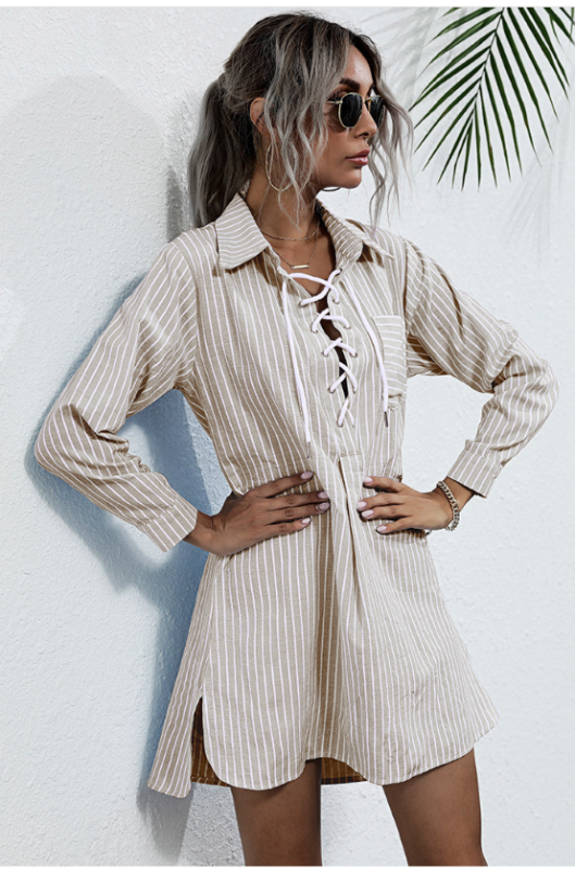 Levoire | Femmes Col Revers Rayé Mi-Long Chemise Khaki