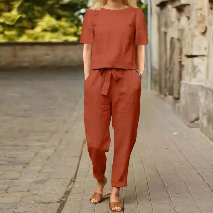 Levoire | Été Loisirs Deux Pièces Chemise À Manches Courtes & Shorts Taille Haute Rot
