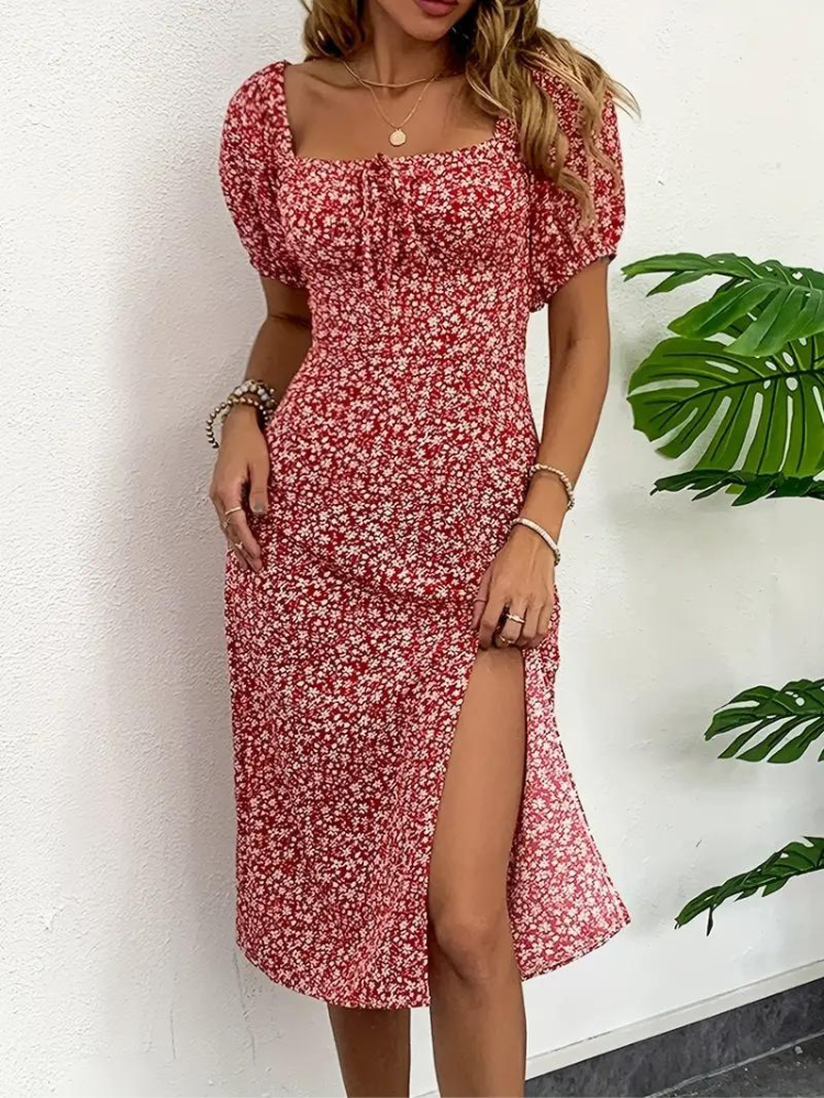 Levoire | Robe À Fleurs Midi À Manches Puff Pour L'Été Bourgogne