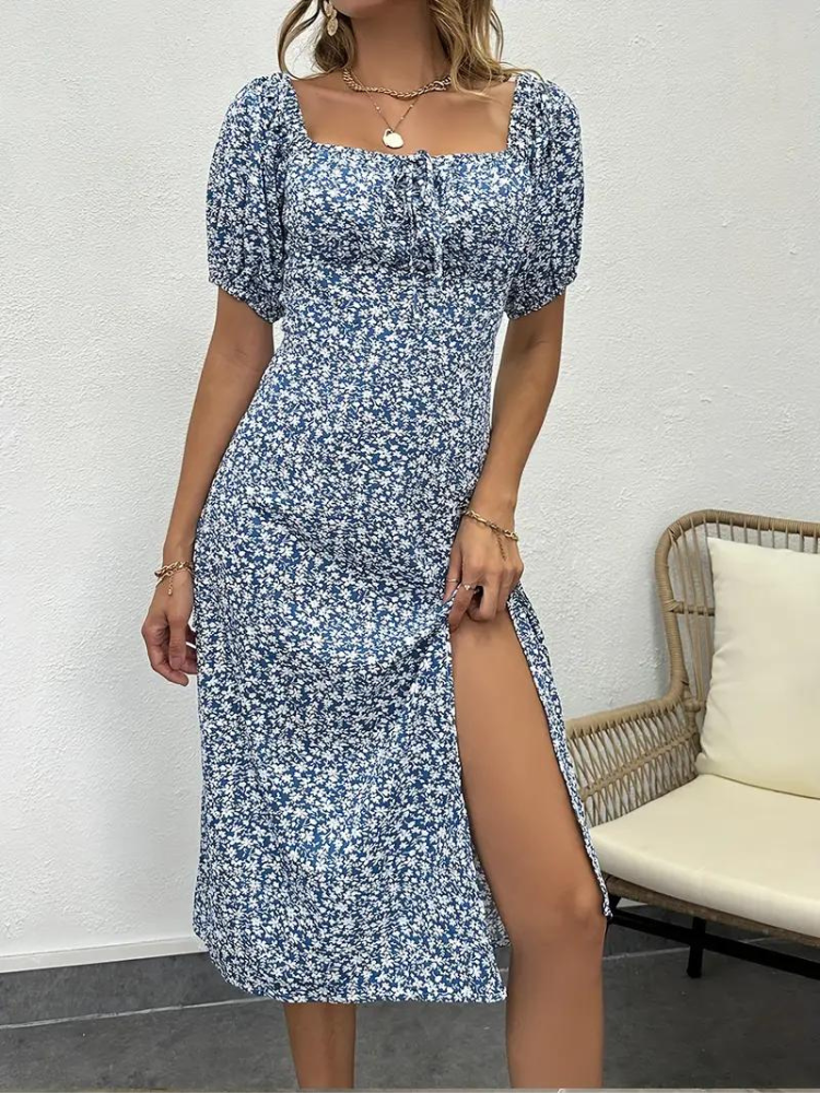 Levoire | Robe À Fleurs Midi À Manches Puff Pour L'Été Ciel bleu