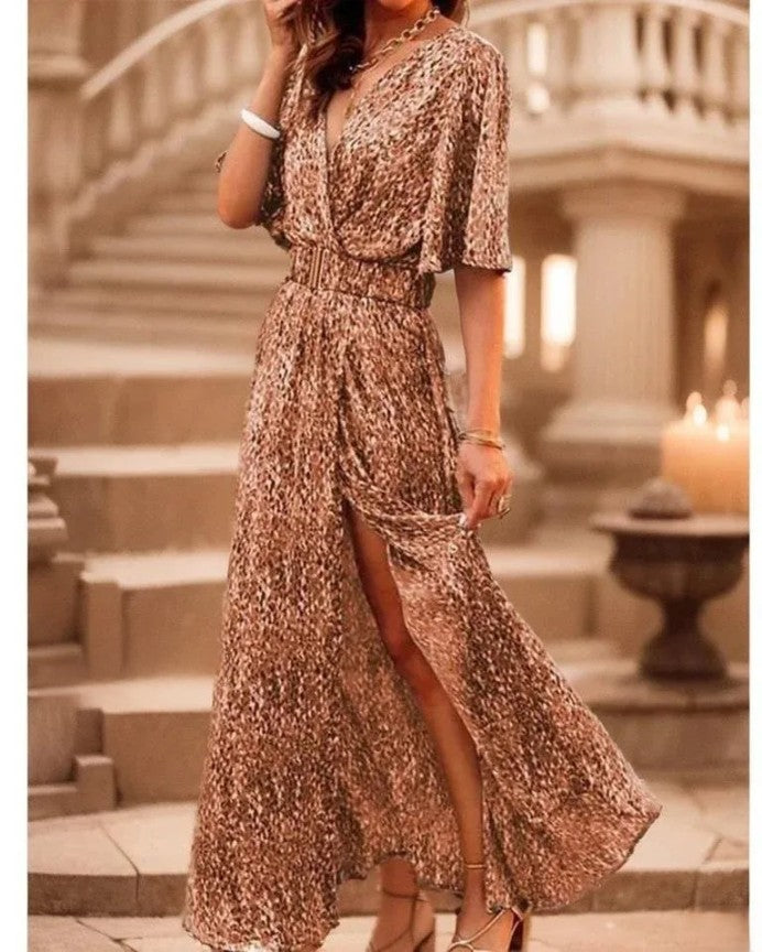 Levoire | Élégante robe longue à col en V et manches courtes avec un superbe imprimé floral Camel