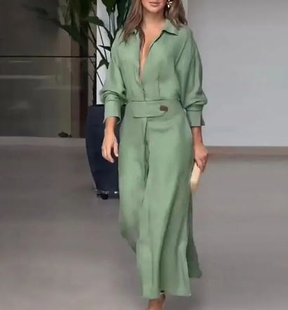 Levoire | Robe Élégante À Manches Longues Pour Femmes Avec Fente Latérale Vert