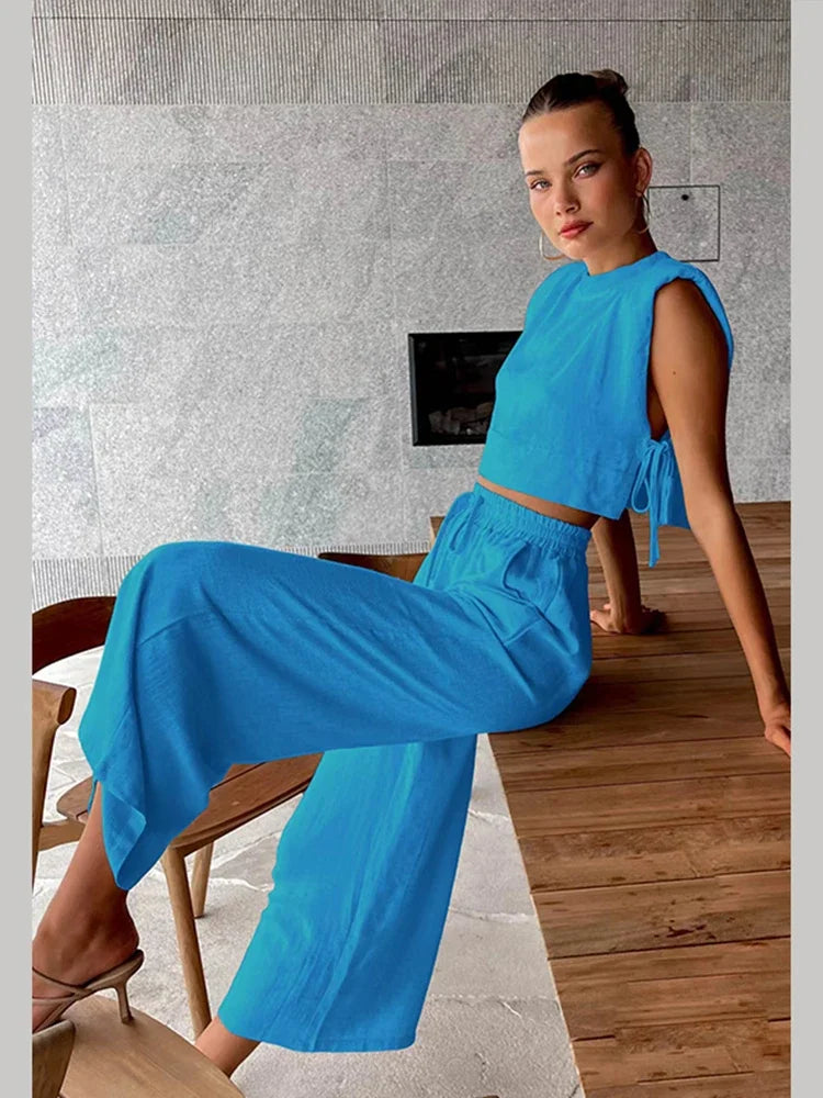 Levoire | Ensemble Deux Pièces Avec Pantalon Large Et Débardeur Bleu