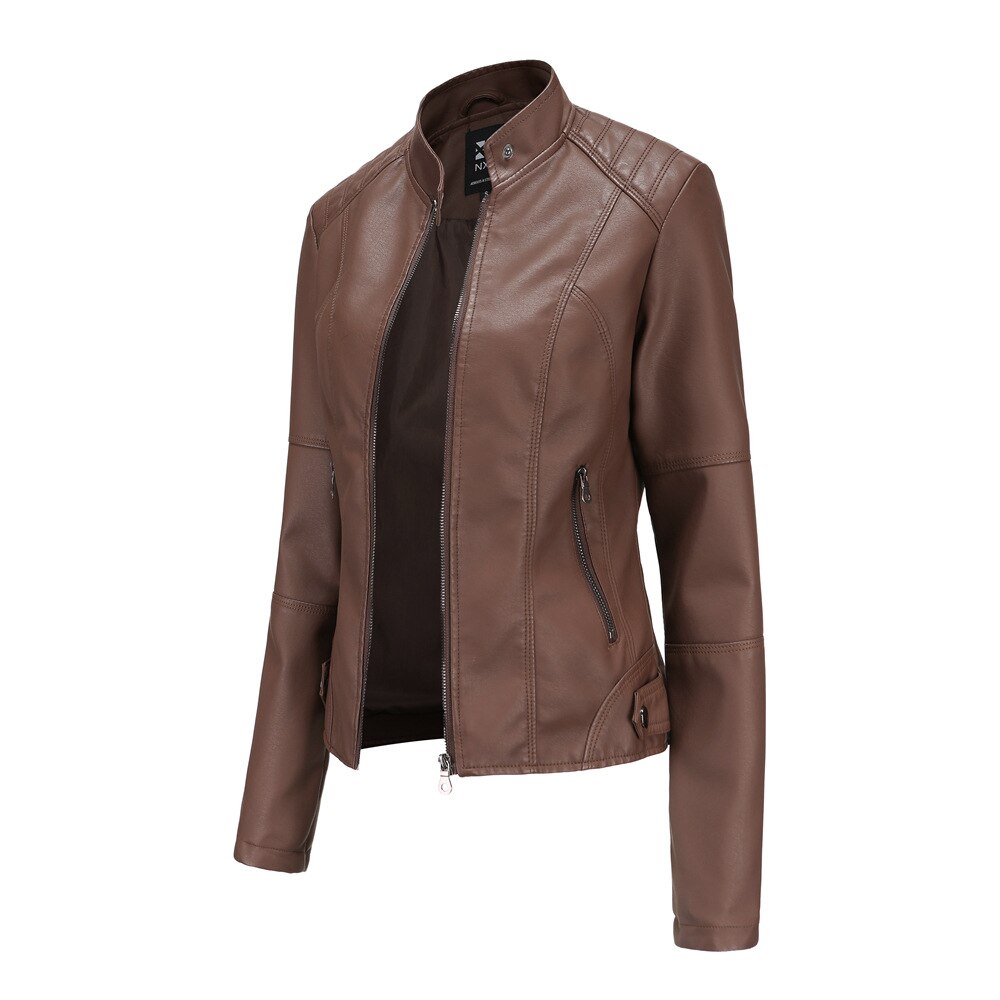 Levoire Veste en cuir pour femmes avec Mao Café