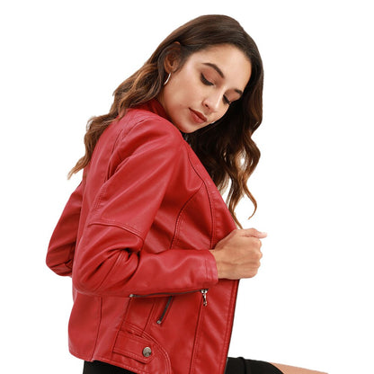 Levoire Veste en cuir pour femmes avec Mao Rouge vin