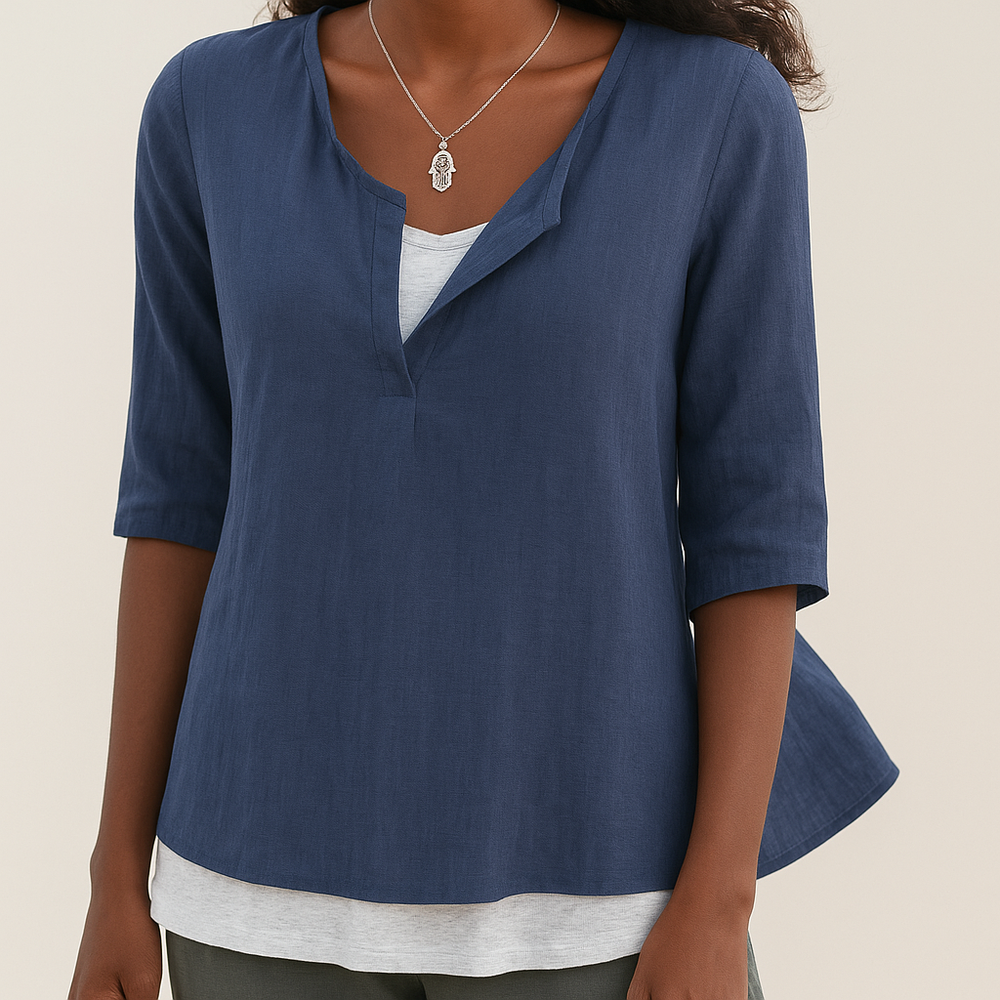 Levoire | Chemise En Coton Pour Femmes Elegante Col En V Et Manches 3/4 Bleu