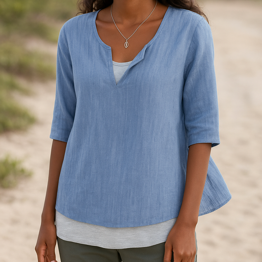 Levoire | Chemise En Coton Pour Femmes Elegante Col En V Et Manches 3/4 Bleu clair