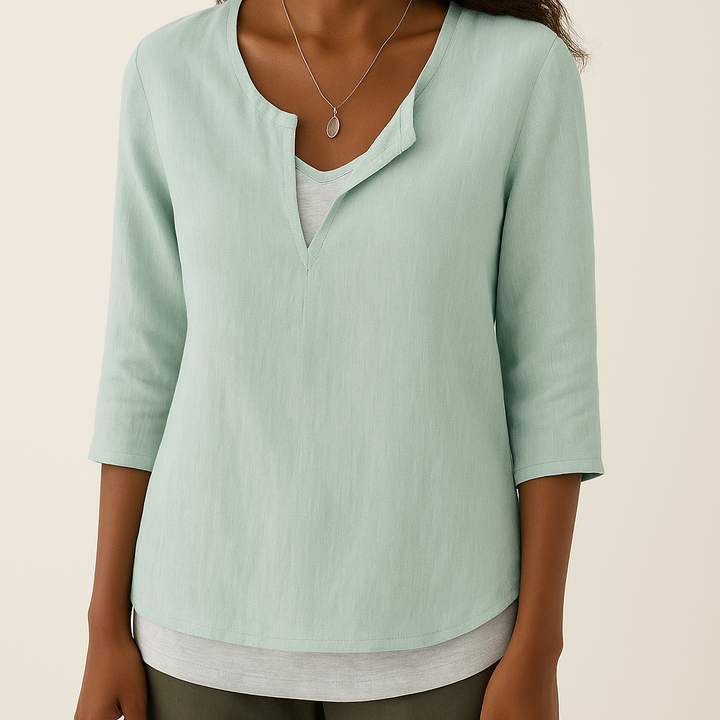 Levoire | Chemise En Coton Pour Femmes Elegante Col En V Et Manches 3/4 Vert clair