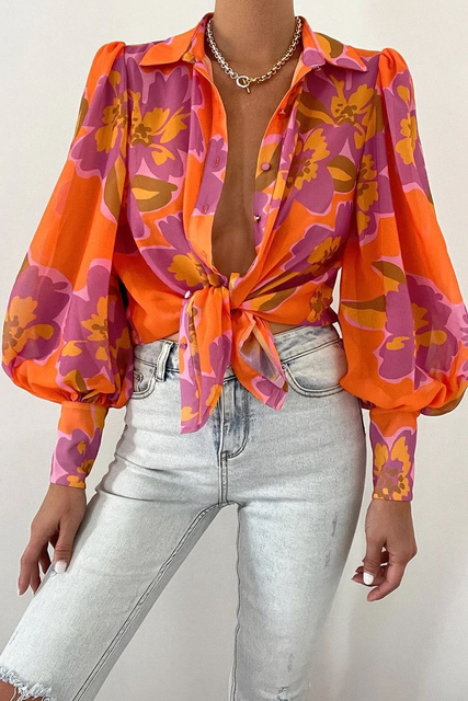Levoire | Chemise À Manches Longues Avec Design Floral, Col Et Coupe Décontractée Orange