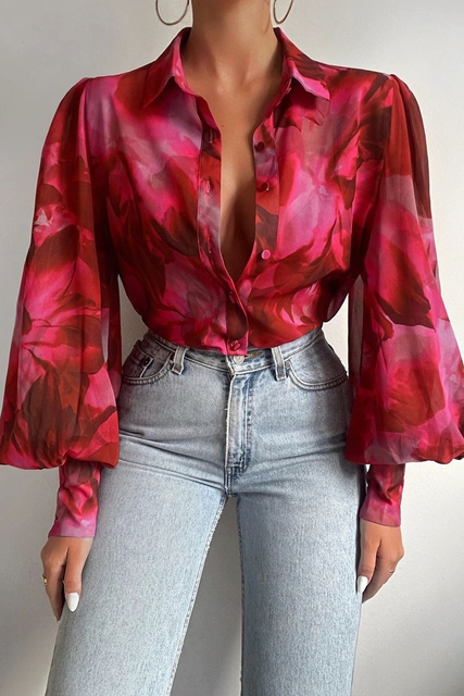 Levoire | Chemise À Manches Longues Avec Design Floral, Col Et Coupe Décontractée Rot