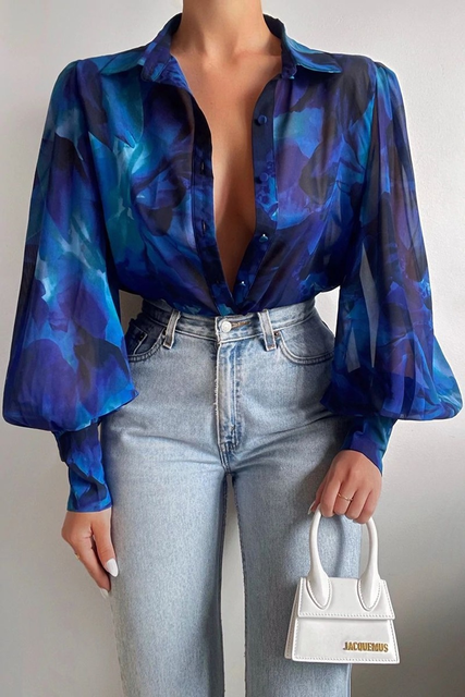 Levoire | Chemise À Manches Longues Avec Design Floral, Col Et Coupe Décontractée Bleu