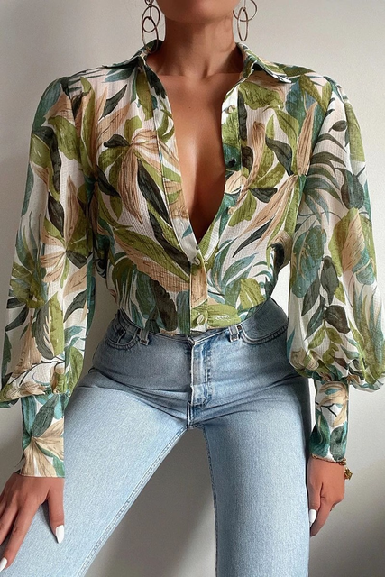 Levoire | Chemise À Manches Longues Avec Design Floral, Col Et Coupe Décontractée Vert