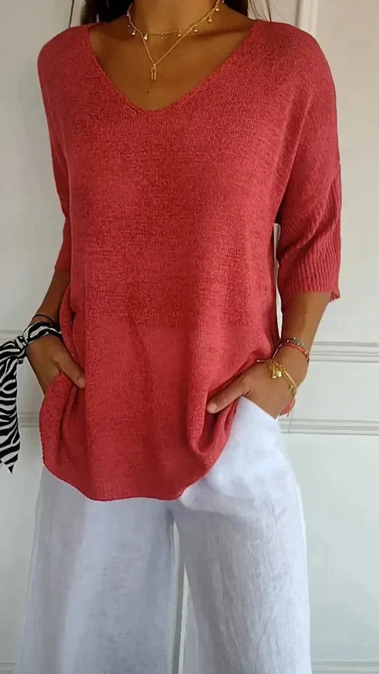 Levoire | Haut En Tricot Pour Femmes Confortable Avec Décolleté En V Rot