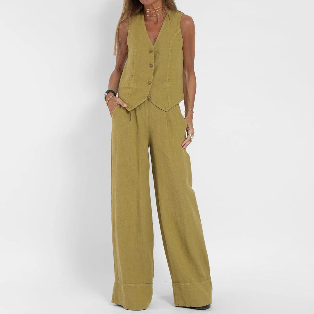 Levoire | Chic Tailleur Pantalon Large Décolleté Pour Femmes Olive