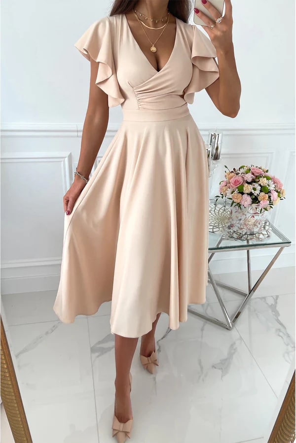 Levoire | Robe Midi Élégante Avec Manches Papillon Beige
