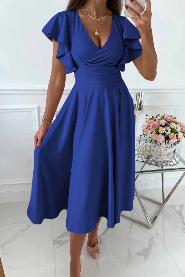 Levoire | Robe Midi Élégante Avec Manches Papillon Bleu