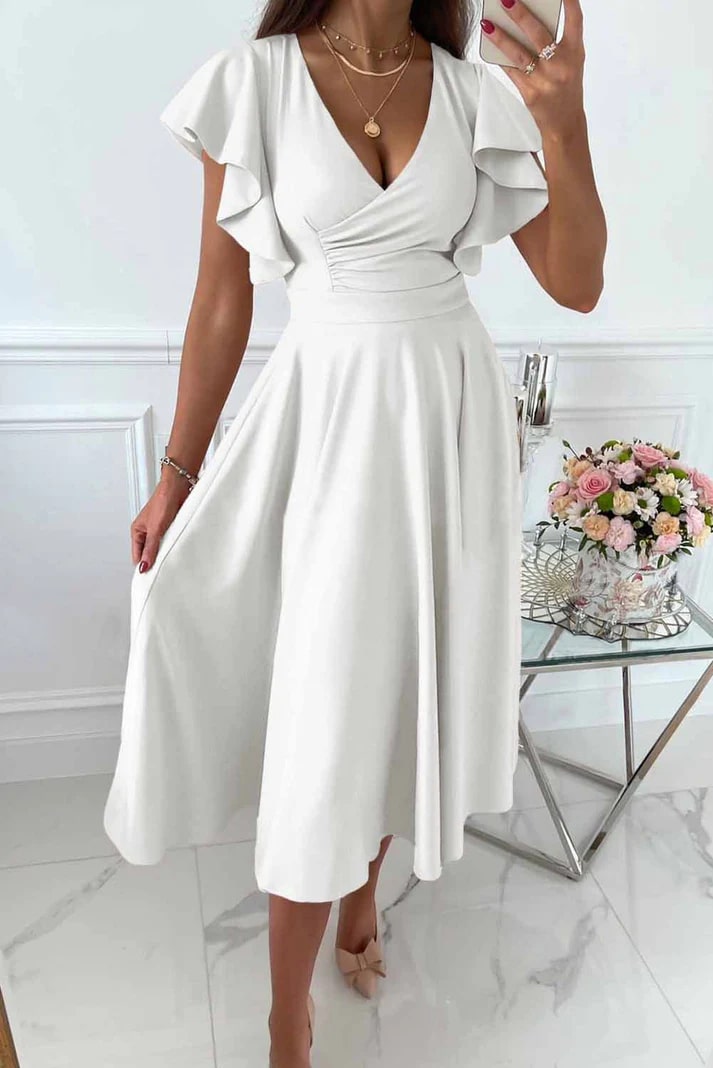 Levoire | Robe Midi Élégante Avec Manches Papillon Blanc