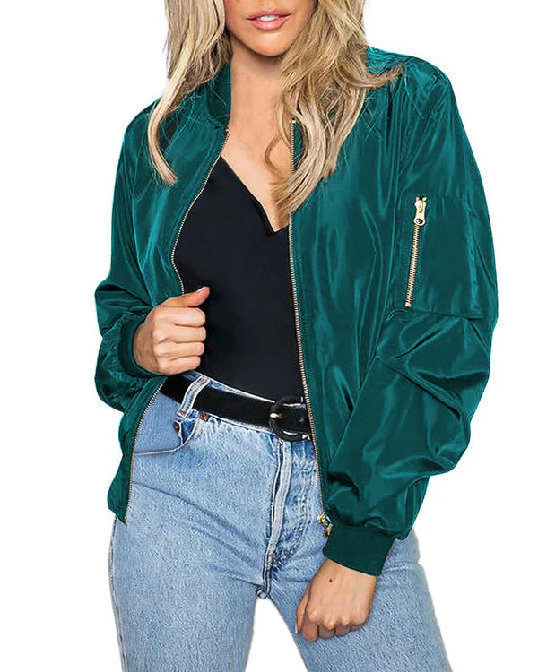Levoire | Veste Bomber Classique Élégante avec Poches Satin Bleu Vert