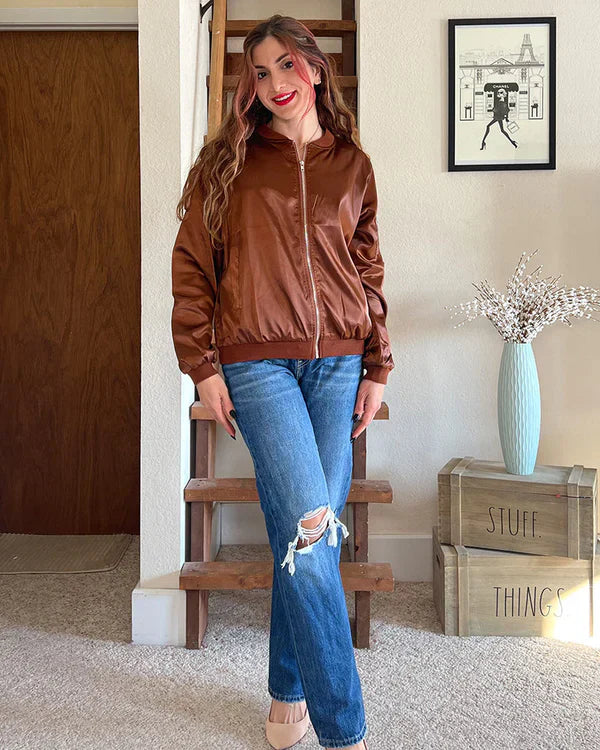 Levoire | Veste Bomber Classique Élégante avec Poches Satin marron clair