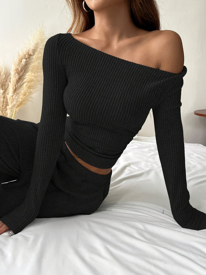 Levoire | Ensemble De Lounge Élégant En Maille Côtelée Avec Pantalons Amples Noir