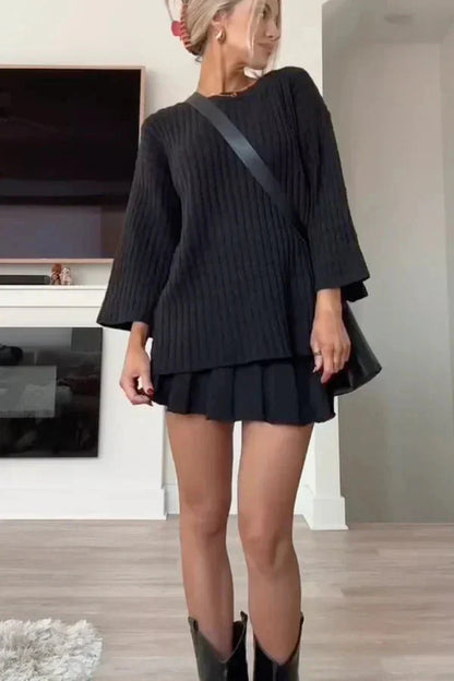 Levoire | Ensemble Ord Pull En Tricot Mini Jupe Jupe Et Blouse Ensemble Deux Pièces Femme Noir