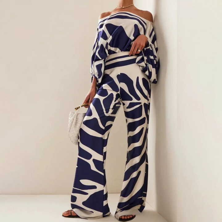 Levoire | Ord Ensemble Épaules Dénudées Pantalon Évasé Ensemble Deux Pièces Vêtements Pour Femmes Bleu