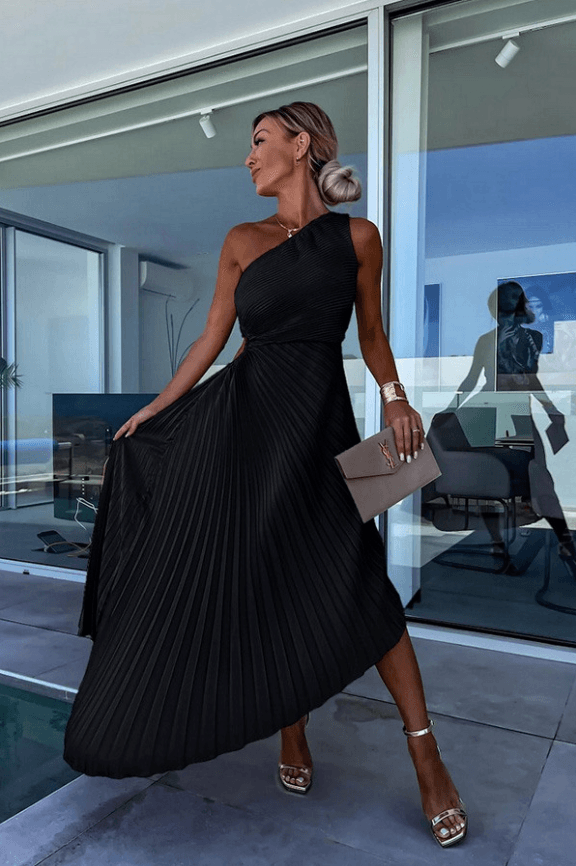 Levoire | Robe D'Été Maxi À Décolleté Plissé Avec Une Épaule Noir