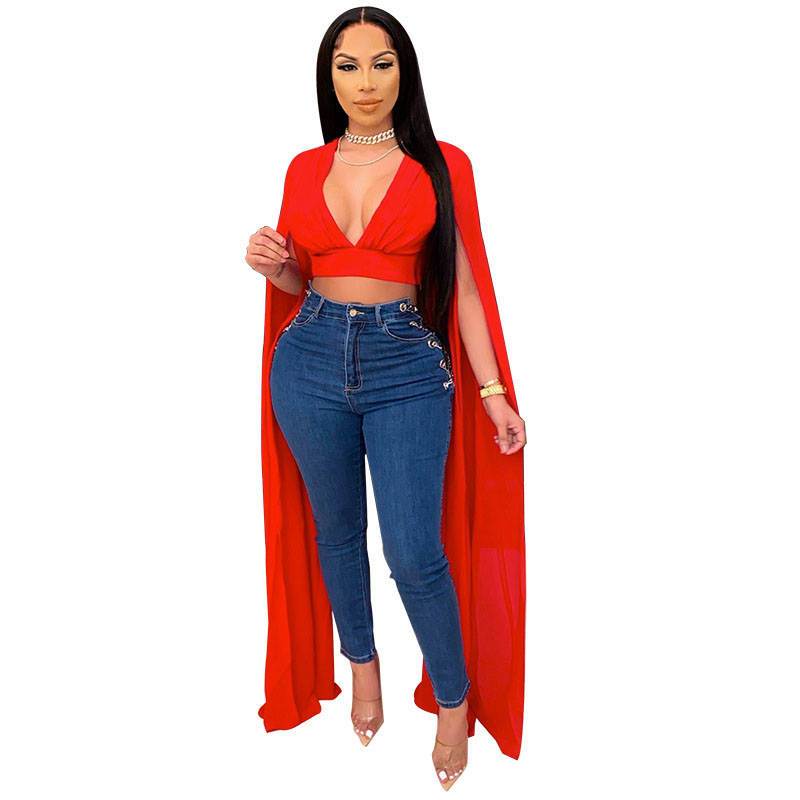 Levoire | Robe à col en V avec manches volantes Rouge