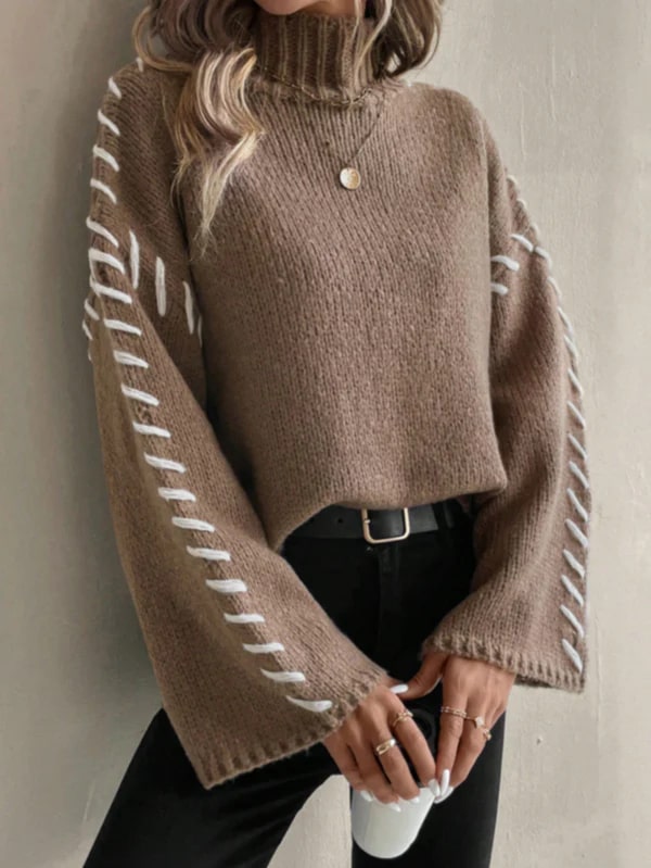 Levoire | Chic Décontracté Pull En Patchwork Tricoté Avec Col Roulé Braun