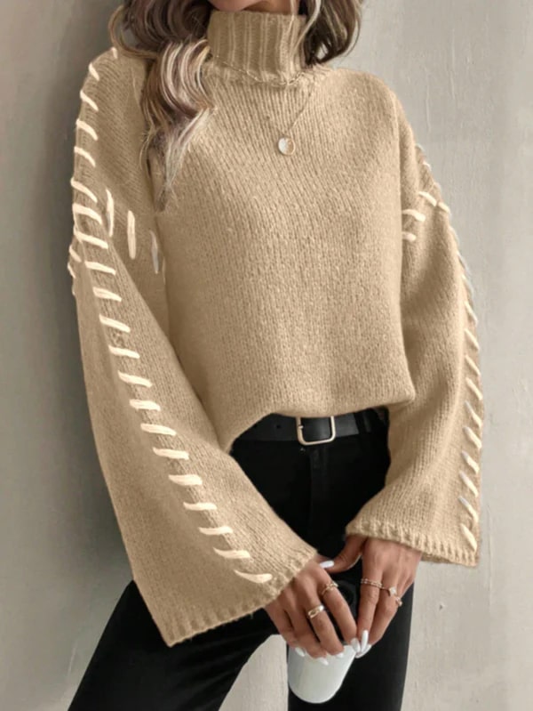 Levoire | Chic Décontracté Pull En Patchwork Tricoté Avec Col Roulé Abricot