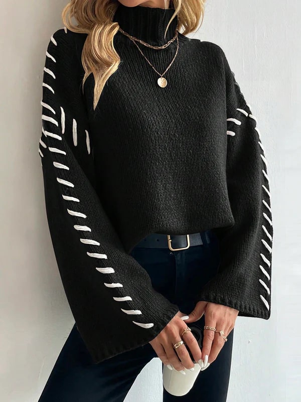 Levoire | Chic Décontracté Pull En Patchwork Tricoté Avec Col Roulé Noir